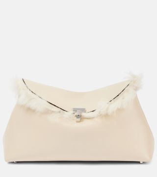 T-Lock Shearling-Lined Leather Clutch