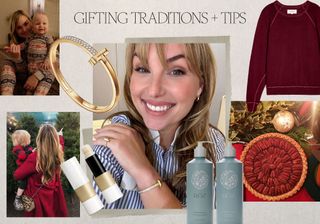 Chic holiday gift guide collage featuring Who What Wear co-founder Hillary Kerr and gifting tips.