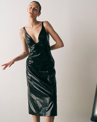 Collection Plunge Dress in Faux Patent Leather