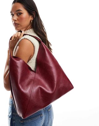 Asos Design Slouch Tote Bag With Crossover Panel Detail in Burgundy