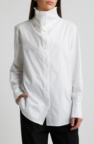 Funnel Neck Stretch Poplin Button-Up Shirt