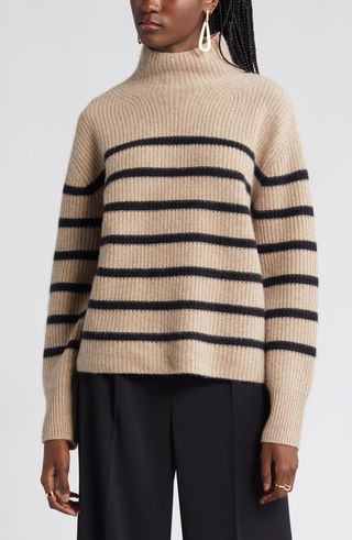 Stripe Cashmere Mock Neck Sweater