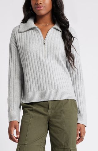 Quarter Zip Cotton Blend Rib Sweater