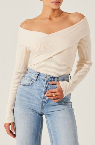 Crossover Off the Shoulder Rib Sweater