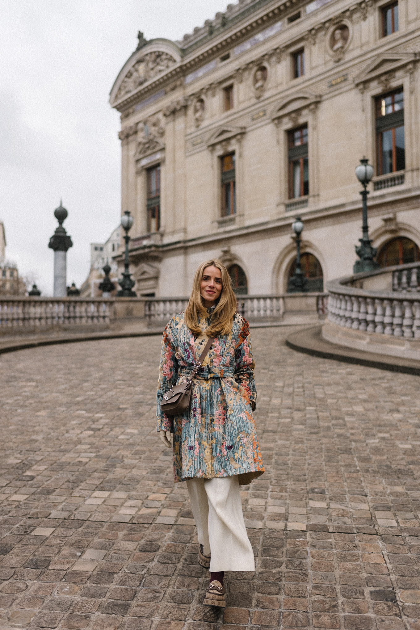 pastel brocade jacquard coat white pants tan loafers taupe crossbody bag