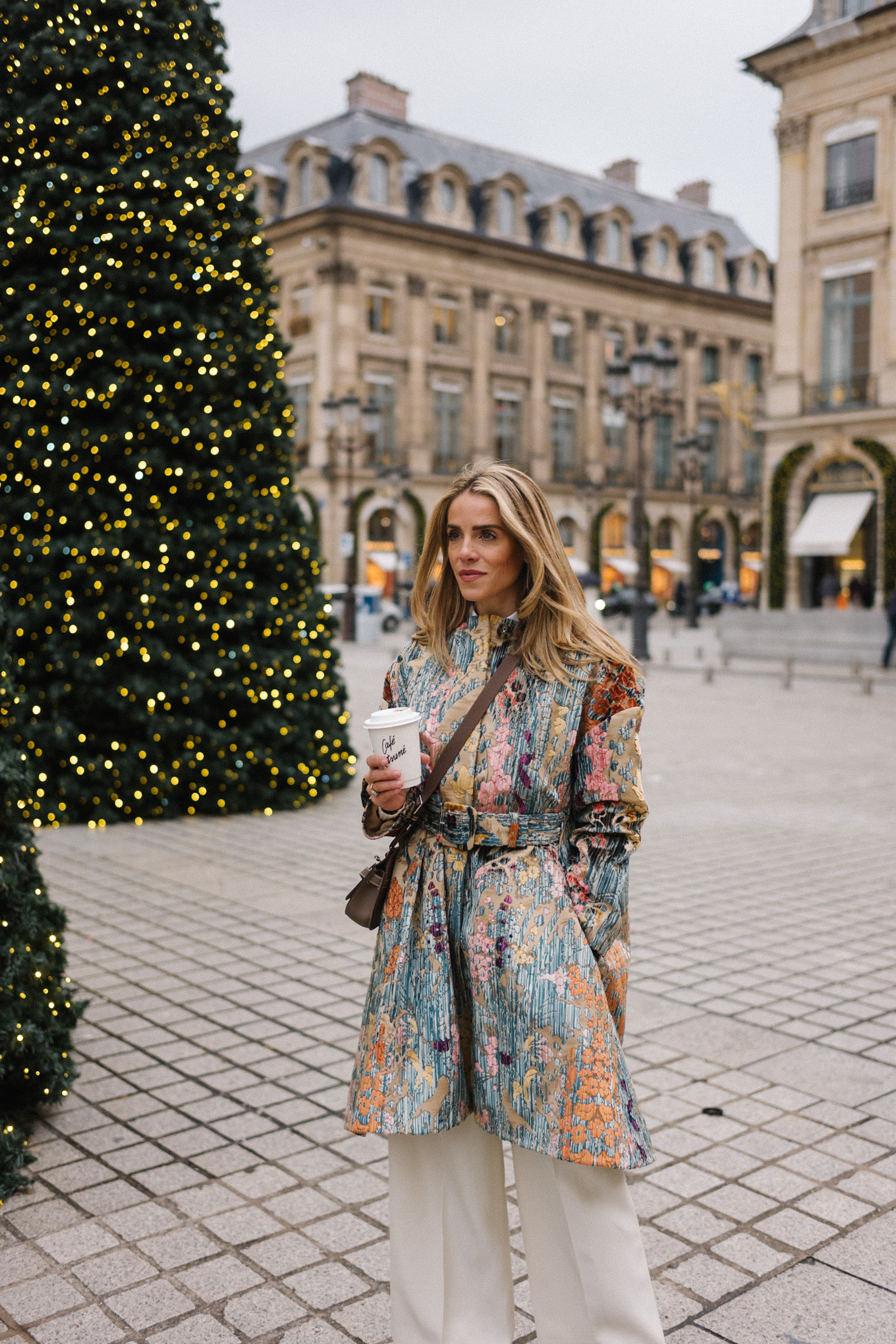 pastel brocade jacquard coat white pants tan loafers taupe crossbody bag