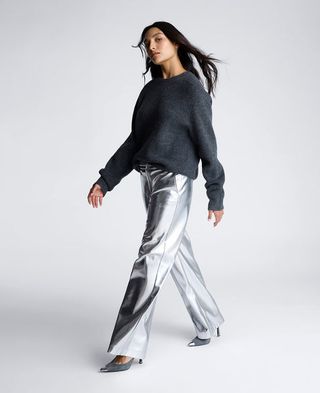 Vegan Metallic Fly Front Mid Rise Wide Leg Pant