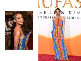 Tiffany Boone wears a Balmain strapless, corseted column gown with fringe embroidery of multicolored glass beads, creating a vibrant zebra-inspired motif to the Mufasa: The Lion King Los Angeles premiere.