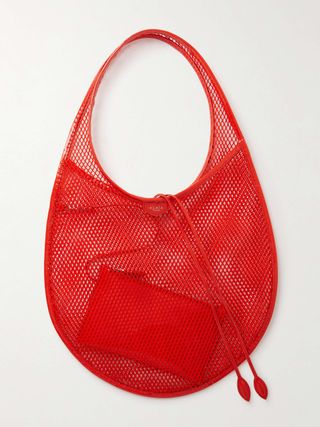 Patent-Leather Trimmed Mesh Shoulder Bag