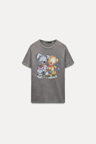 Fade-Effect Bear Print T-Shirt