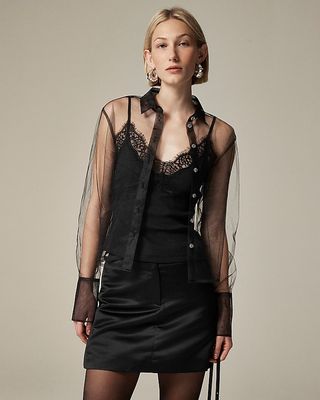 Tulle Button-Up Shirt With Lace-Trim Camisole