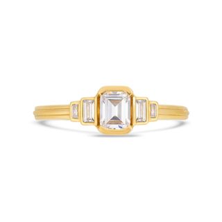 Deco Cascading Emerald & Baguette Cut Diamond Ring in Yellow Gold