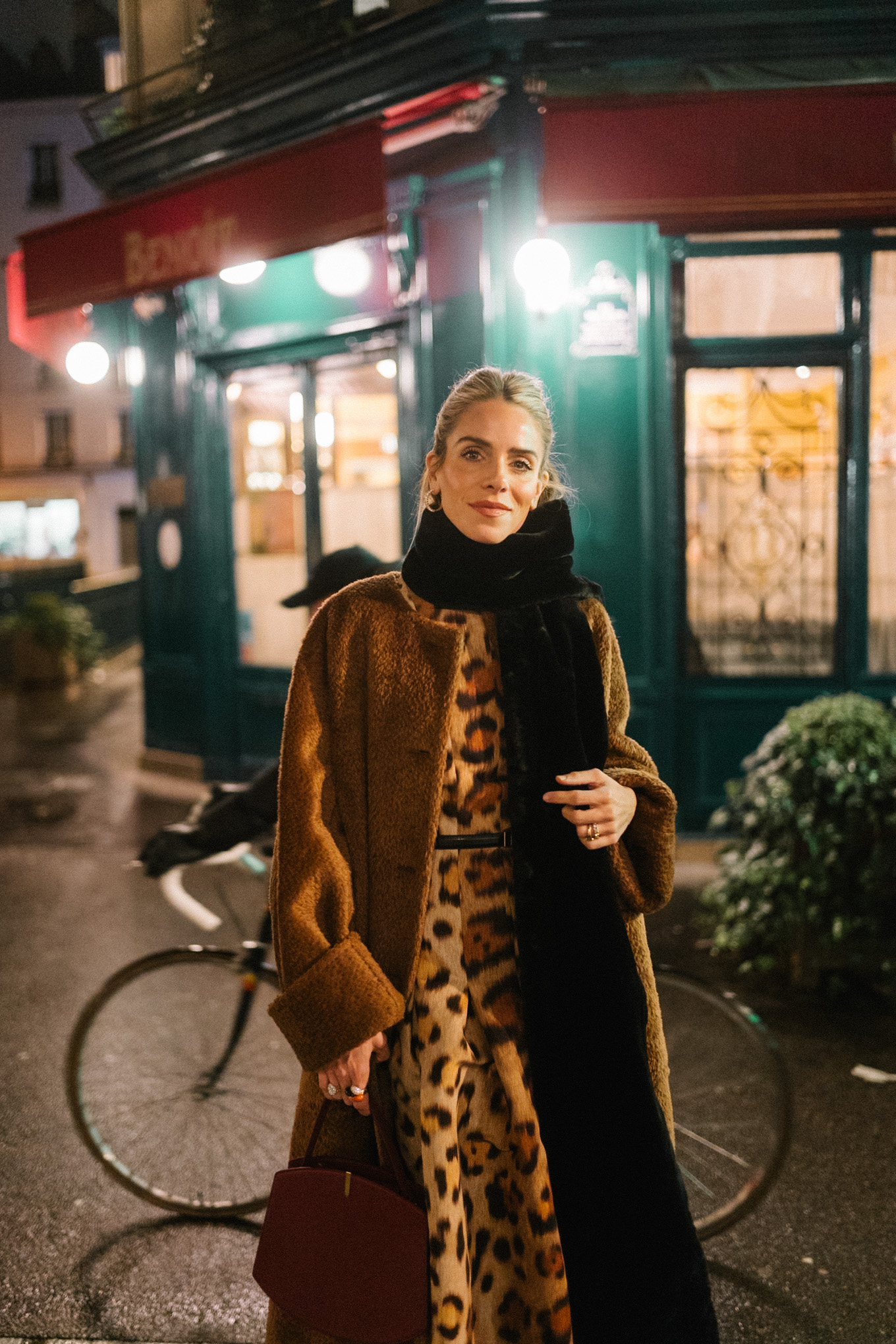 leopard dress black boots maroon bag