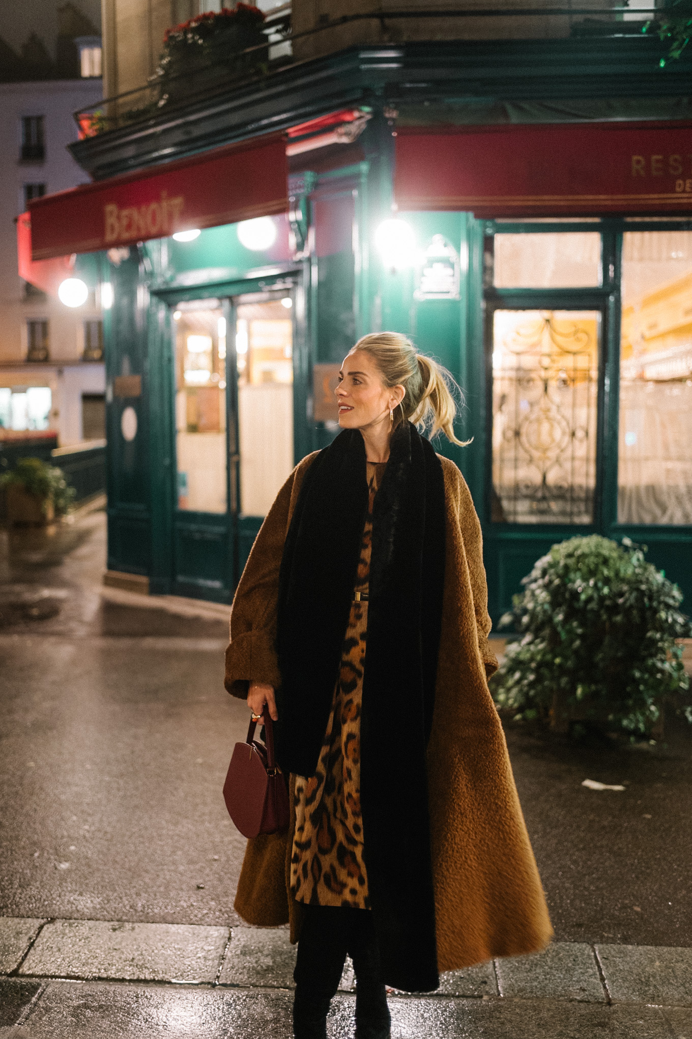 leopard dress black boots maroon bag