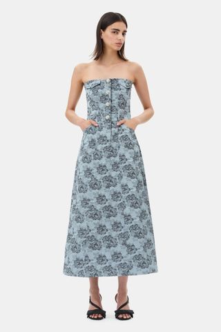 Blue Floral Jacquard Long Corsage Dress