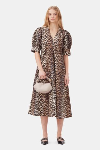 Leopard Cotton Poplin V-Neck Maxi Dress