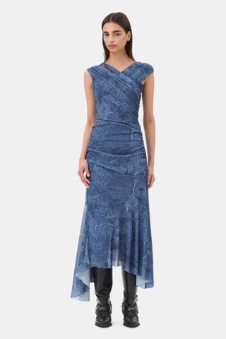 Blue Mesh Ruched Dress