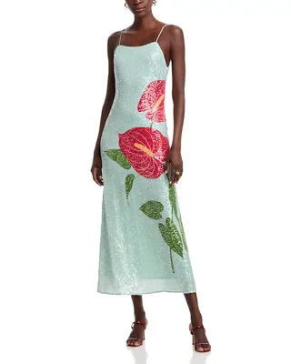 Anthurium Flowers Sequined Slip Dress