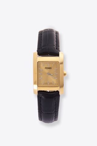 Vintage Fendi Gold Plated Watch With Black Croc Leather Strap