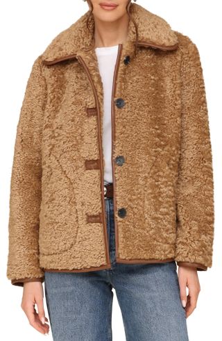 Faux Shearling Teddy Coat With Faux Leather Trim