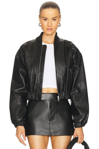 Cropped Leather Bomber Jacket