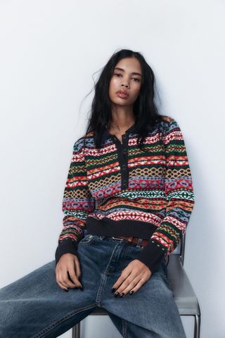 Jacquard Knit Polo Sweater