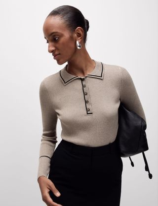 Ribbed Polo Neck Fitted Top