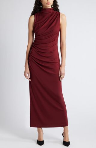 Ruched Mock Neck Sleeveless Maxi Dress