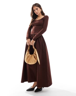 Asos Design Maxi Long Sleeve Poplin Mix Dress in Brown