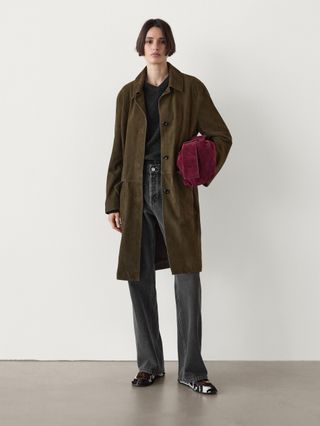 Suede Leather Coat With Patch Pockets