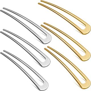 Willbond 6 Pieces French Hair Pins Simple Metal U Shaped Hairpins Gold Hair Fork Sticks 2 Prong Updo Chignon Pins for Women Lady Buns Hair Accessories(gold, Silver)