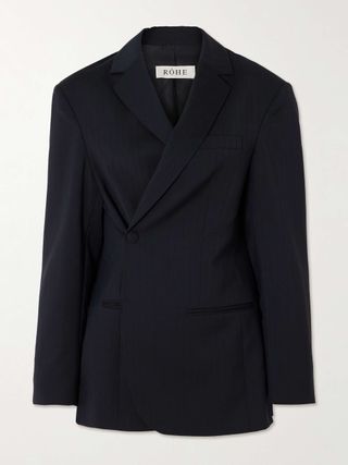 Pinstriped Wool-Blend Twill Wrap Blazer