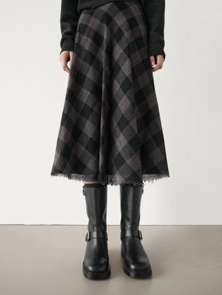 Massimo Dutti, 100% Wool Check Midi Skirt