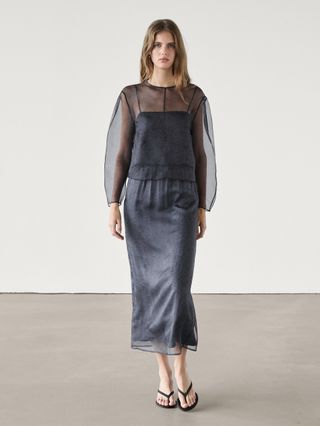 100% Mulberry Silk Organza Midi Skirt