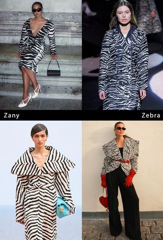 Winter print trends of 2024 are shown in a collage of runway and street-style images of women wearing the zebra print trend. Specifically, on the top left, a woman wearing a zebra dress with white heels. On the top right, a model wears a leopard coat on the Baum und Pferdgarten fall runway. On the bottom right, a woman wears a leopard coat with a red belt, red gloves, a black tank and black trousers. On the bottom left, a blue clutch bag with a zebra coat on Jacquemus's fall runway