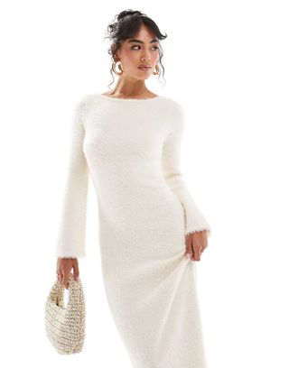 Pretty Lavish Button Fluffy Knit Midaxi Dress in Cream