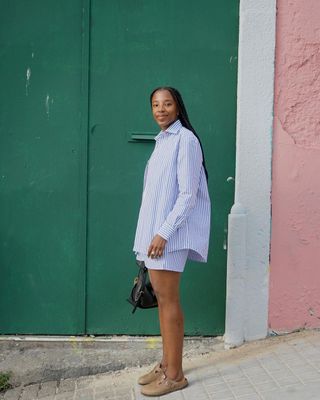 Blue and white stripe With Nothing Underneath shirt and Birkenstocks