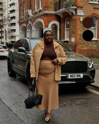 a street style outfit of camel suede jacket and skirt with a brown jumper and black accessories