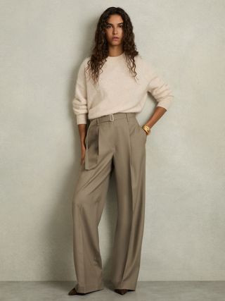 Wool Belted Wide-Leg Trousers in Neutral