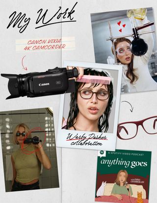 a collage of images featuring Emma Chamberlain and her work, her personal style and wardrobe, and her interior design taste