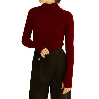 Casual Plain High Neck Basic Tops Long Sleeve Burgundy Women Sweaters (women's)