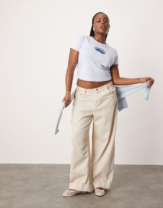 Asos Design Curve Loose Jean With Deep Turn Up in Neutral