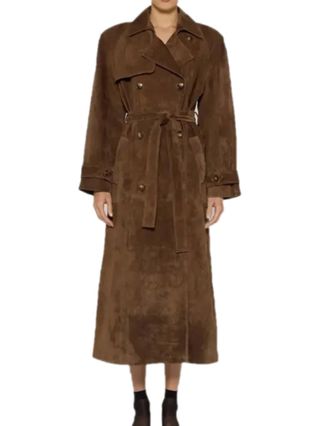 Dawery Women Suede Leather Double-Breasted Lapel Long Windbreaker With Belt Loose Oversize Full Sleeve Trench Coat Elegant Outerwear Brown With Belt S