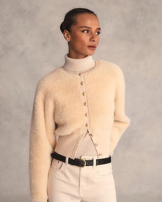 Fitted-Waist Cardigan Sweater in Fuzzy Yarn