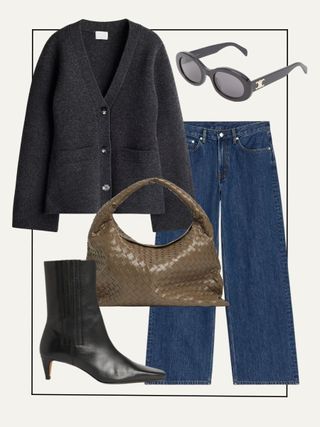 Cardigan, jeans, bag, black boots, sunglasses