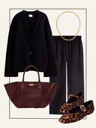 Cardigan, silk trousers, leopard flats, burgundy bag, chain necklace