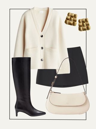 Cream cardigan, black skirt, black boots, cream bag