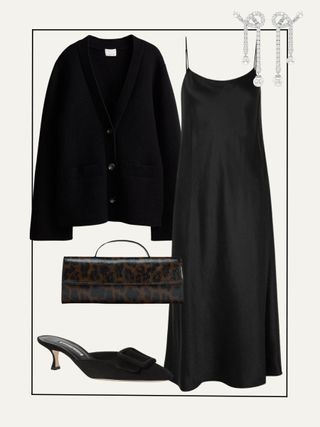 Black cardigan, black dress, black mules, diamond earrings, leopard print clutch