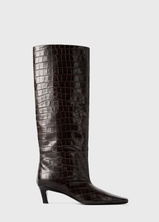 Croco-Embossed Wide Shaft Boots Dark Brown