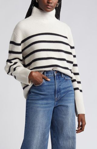 Stripe Cashmere Mock Neck Sweater